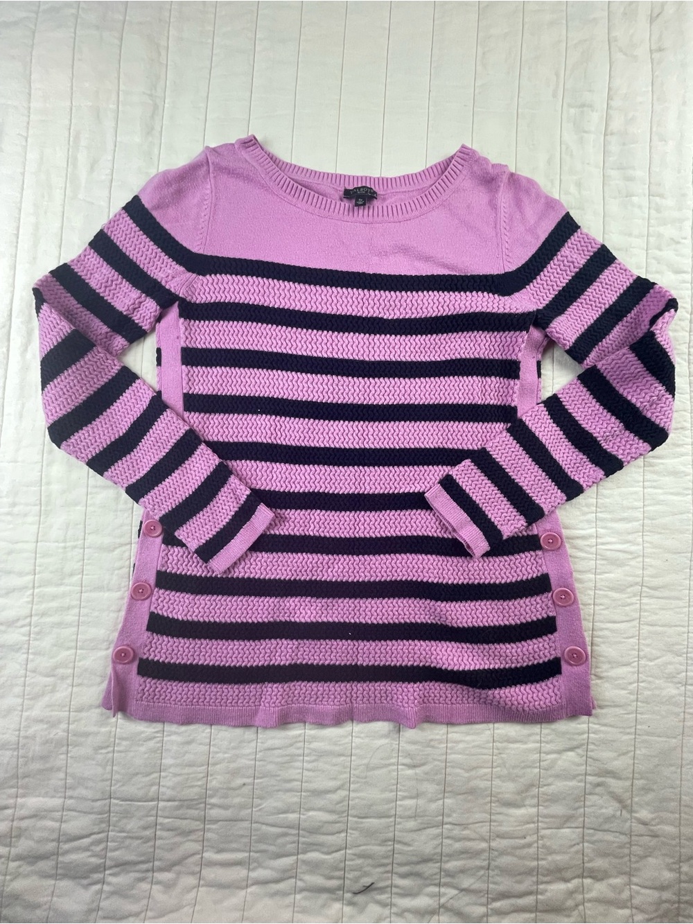 Talbots Striped Crewneck Sweater Cute Button Details Petite Small